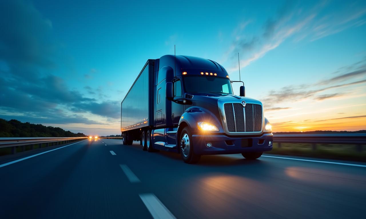 Modern logistics semi-truck on a highway at dusk