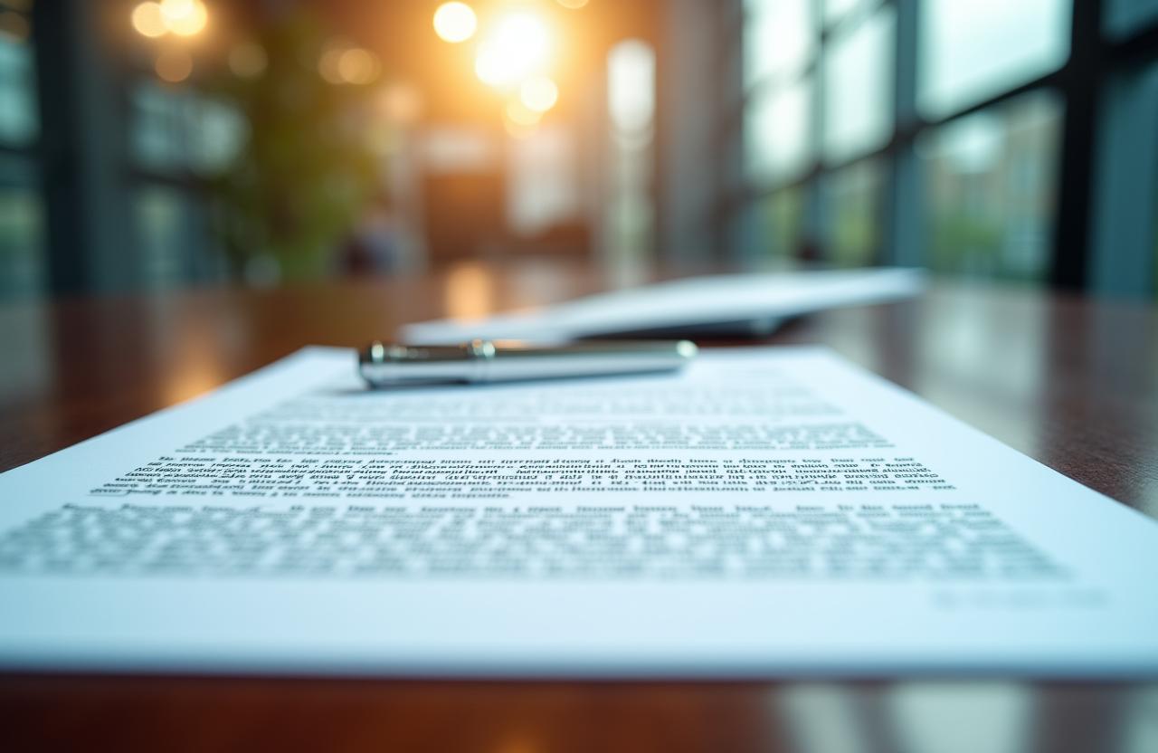 Close up of a signed transport agreement on a dark wooden desk
