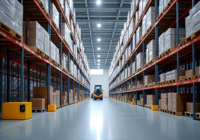 Operational warehouse hub with organized cargo